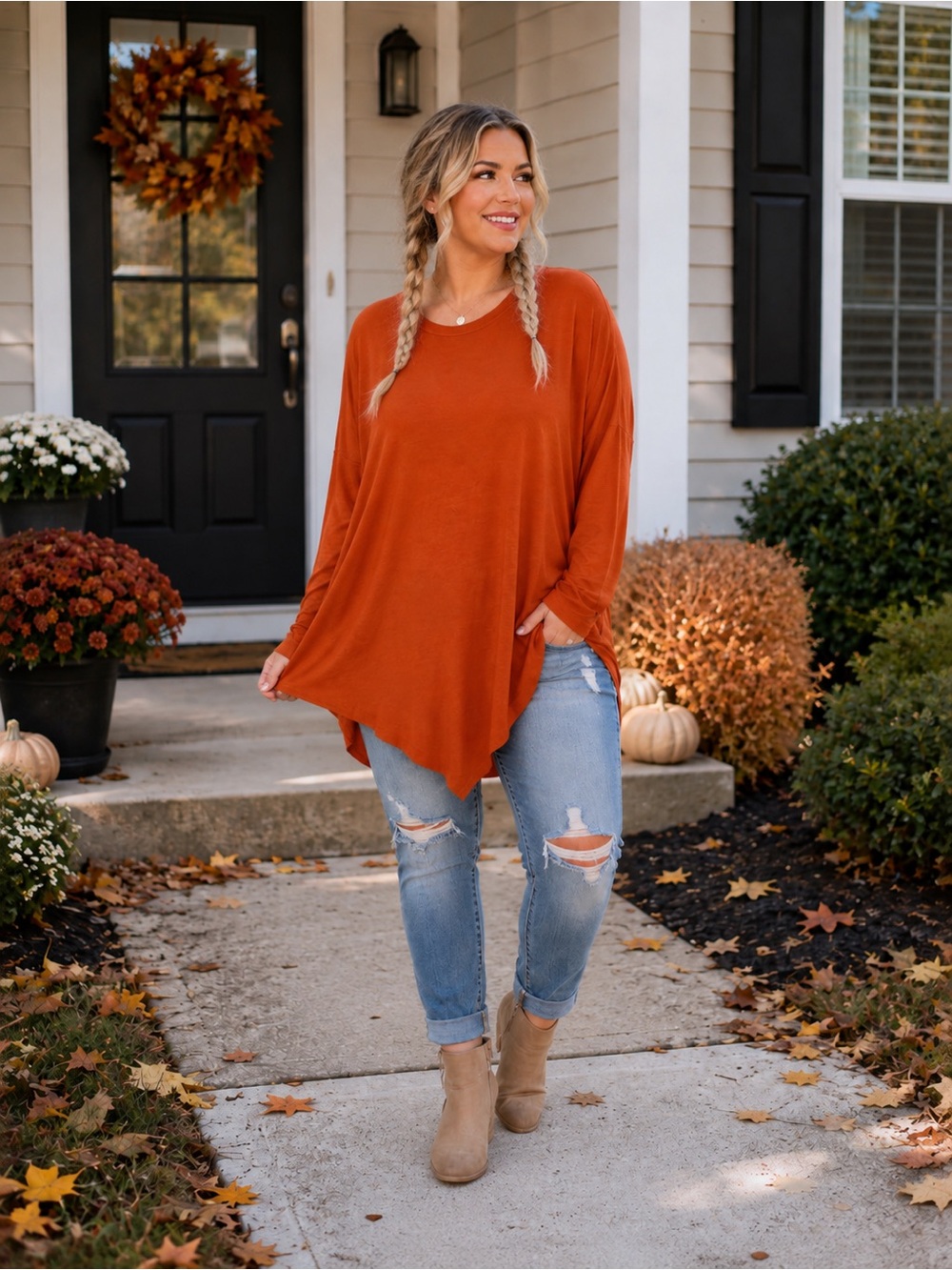 Azules Rust Orange Asymmetrical Tunic Top Large Long Sleeve USA Made Soft top